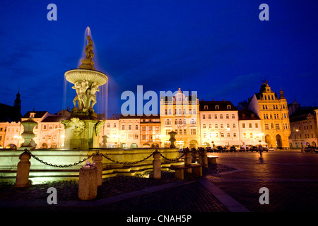 Tschechien, südliche böhmische, Budweis, Samson-Brunnen am Hauptplatz Premysl Otakar II Stockfoto