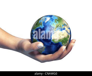 Menschliche Hand, die den Planetenerde, auf weißem Hintergrund. Clipping-Pfad enthalten. Stockfoto