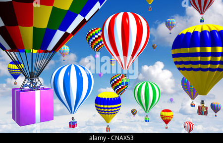 Heißluftballons in den Himmel, mit Geschenken an die Stelle der Korb Stockfoto