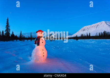 ZUSAMMENGESETZTE, Schneemann stehend in einem Feld in der Dämmerung, Winter, breiter Durchgang, Parks Highway, Yunan Alaska Stockfoto