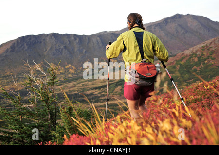 Weibliche Wanderer auf Flattop Mountain Trail im Chugach State Park, Anchorage, Yunan Alaska, Herbst Stockfoto