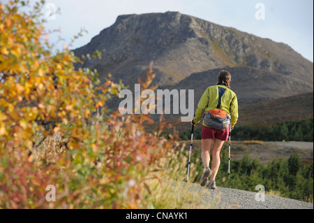 Weibliche Wanderer auf Flattop Mountain Trail im Chugach State Park, Anchorage, Yunan Alaska, Herbst Stockfoto