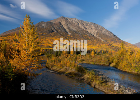 Herbst-Panoramablick über den Alaska Highway in der Nähe von dem Campingplatz Millionen US-Dollar fällt, Takhani River, Yukon Territorium, Kanada Stockfoto