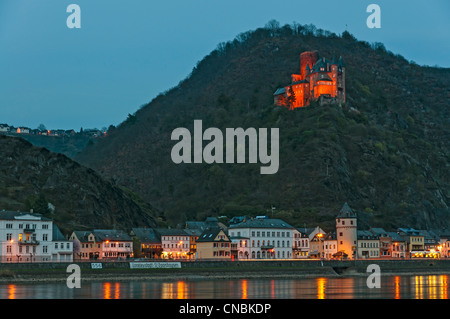 Burg Katz über St. Goarshausen im UNESCO-Weltkulturerbe "Oberes Mittelrheintal" Rheinland-Pfalz, Deutschland. Stockfoto