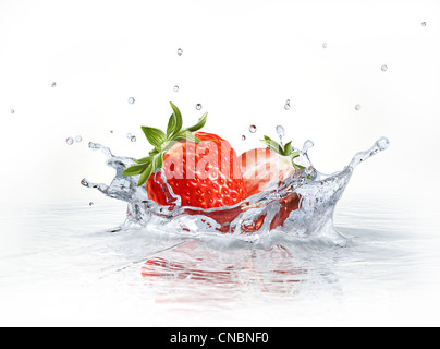 Erdbeeren in klarem Wasser, bilden eine Krone Splash fallen. Von einer Seite mit weißem Hintergrund betrachtet. Stockfoto