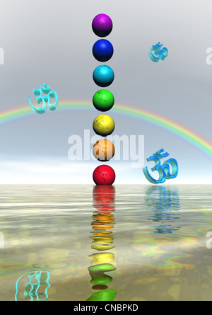 Chakra und Aum blau und Regenbogen Stockfoto