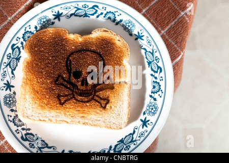 Schädel und gekreuzten Knochen verbrannt in einem Stück Toast auf einem Teller. Zöliakie Gluten-Allergie Stockfoto