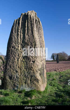 Des Teufels Pfeile, drei prähistorischen Monolithen (einschließlich des Zweitens höchsten in Großbritannien), Boroughbridge, North Yorkshire. Stockfoto