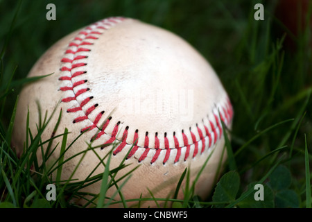 Ein Alter und abgenutzter Baseball sitzen in dem grünen Rasen. Stockfoto