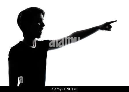 eine kaukasische junger Teenager Silhouette junge oder Mädchen zeigen überrascht Portrait im Studio isoliert auf weißem Hintergrund ausschneiden Stockfoto