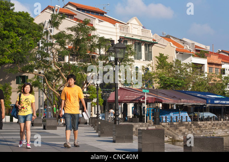 Singapur, Boat Quay am Singapur-Fluss mit seinem Haus im späten 19. Jahrhundert Stockfoto