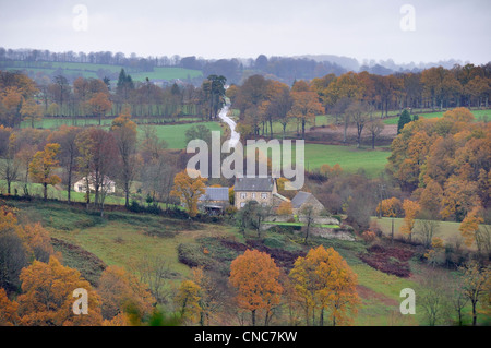 Landschaft im Winter (Orne, Domfrontais, Normandie, Frankreich, Europa). Stockfoto