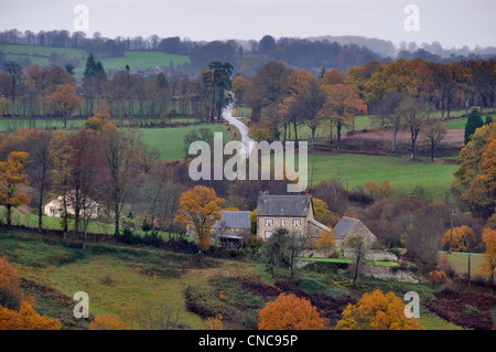 Landschaft im Winter (Orne, Domfrontais, Normandie, Frankreich, Europa). Stockfoto