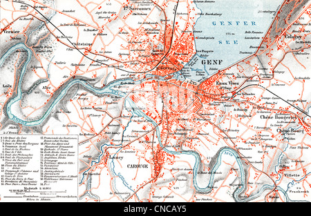 Historische Karte von Genf, Schweiz, 1890; Historischer attraktivem von Genf, Schweiz, 1890 Stockfoto