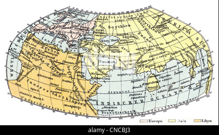 Weltkarte von Claudius Ptolemäus, ca. 100-180 n. Chr., ein griechischer Mathematiker, Geograph, Astronom, Astrologe, Philosoph Stockfoto