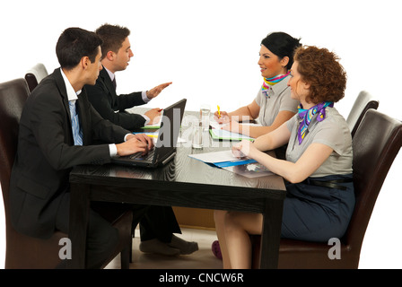 Mitarbeiter mit Gespräch Tagung auf weißem Hintergrund Stockfoto