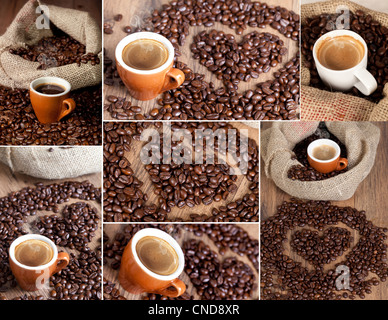 Eine Collage aus verschiedenen Fotos aus Kaffee Stockfoto