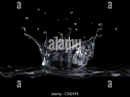 Spritzwasser Krone von einer Seite auf schwarzem Hintergrund, mit Schärfentiefe betrachtet. Digitale 3-D-Rendering. Stockfoto
