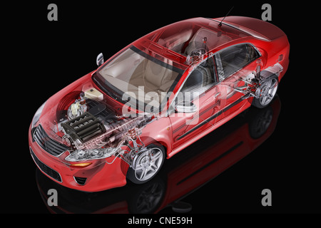 Generische rot Limousine detaillierte Cutaway Darstellung mit Ghost-Effekt auf schwarzem Hintergrund. Clipping-Pfad enthalten. Stockfoto