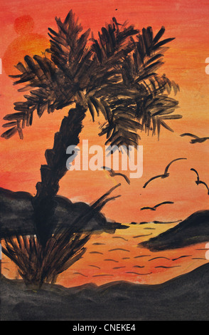 Tropischen Insel mit Palmen Tress bei Sonnenuntergang - Gemälde