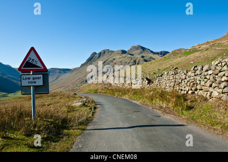 Blick auf die Langdale Pikes von der Straße zwischen Great Langdale und wenig Langdale, Cumbria, England Stockfoto