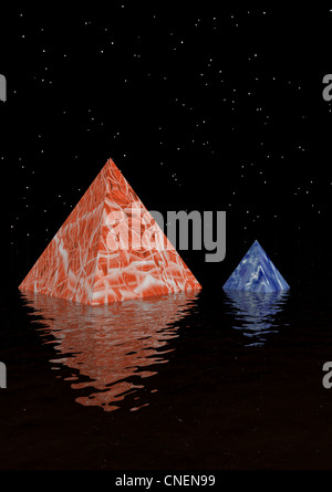 zwei Pyramiden rot und blau Stockfoto