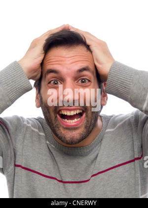 Porträt eines ekstatischen jungen Mannes mit Bart, Blick in die Kamera Stockfoto