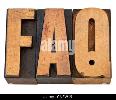 FAQ - häufig gestellte Fragen-Akronym - isoliert-Text in Vintage Buchdruck Holzart Stockfoto