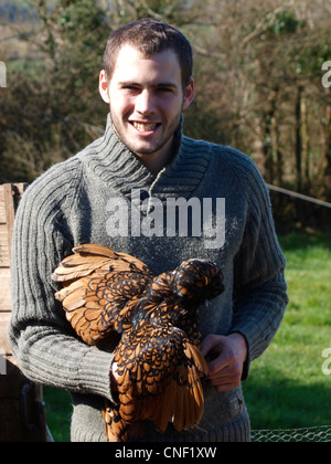 Junglandwirt hält eine polnische Huhn, Cornwall, UK Stockfoto