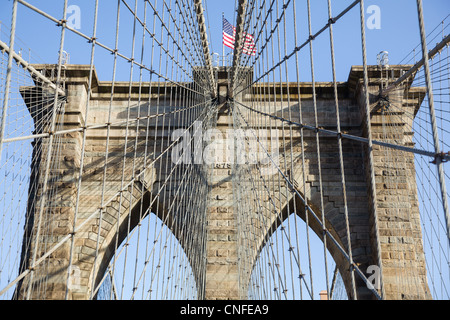 Detail von Kabeln und Leitungen am Pier der Brooklyn Bridge in New York Stockfoto