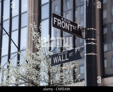 Straßenschilder am Ende der Wall Street durch die Front Street in New York City Stockfoto