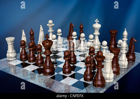 Abbildung: das Schachspiel mit seiner glänzenden Marmorboden board mit allen weißen und braunen Holz- Zahlen in 3 d durch Computer Stockfoto