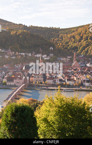 Blick auf die Alte Brücke oder alte Brücke, Neckar River Heidelberger Schloss und Altstadt von der Philosophenweg, Heidelberg, Deutschland. Stockfoto