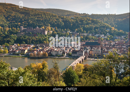 Blick auf die Alte Brücke oder alte Brücke, Neckar River Heidelberger Schloss und Altstadt von der Philosophenweg, Heidelberg, Deutschland. Stockfoto