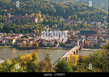 Blick auf die Alte Brücke oder alte Brücke, Neckar River Heidelberger Schloss und Altstadt von der Philosophenweg, Heidelberg, Deutschland. Stockfoto