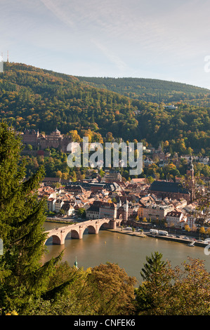 Blick auf die Alte Brücke oder alte Brücke, Neckar River Heidelberger Schloss und Altstadt von der Philosophenweg, Heidelberg, Deutschland. Stockfoto