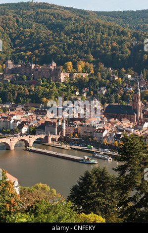 Blick auf die Heidelberger Altstadt, Neckar und Kahn von den Philosophenweg (Philosophen Weg), Heidelberg, Deutschland. Stockfoto