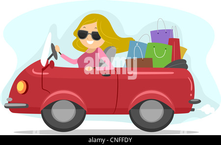 Abbildung eines Mädchens ein Auto voller Einkaufstaschen Stockfoto