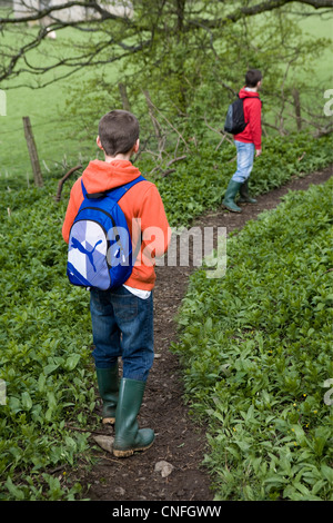 Zwei Brüder gehen auf Wald Weg, über West Burton in North Yorkshire nationalen Park  die Dales, UK Stockfoto