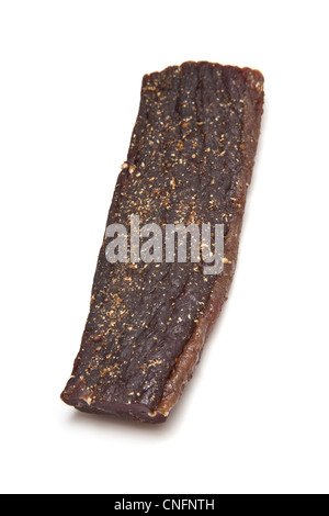 Südafrikanische Biltong (Dörrfleisch) isoliert auf weißem Hintergrund Stockfoto