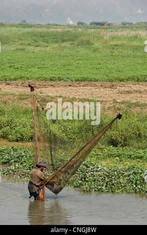 Burmesische Fischer mit Netzen in Teichen an den Ufern des Irrawaddy zwischen Mandlay und Sagaing, Burma. Myanmar Stockfoto