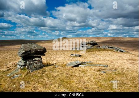 Blick über Dartmoor aus Beardown Tor in Richtung Norden Moor, Teufels Tor zeigt den Granit Felsen Stockfoto