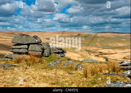 Blick über Dartmoor aus Beardown Tor in Richtung Norden Moor, Teufels Tor zeigt den Granit Felsen Stockfoto