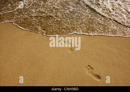 Fußspuren im Sand mit Meerwasser Stockfoto