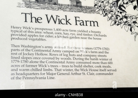 Plakat über die Henry Wick Farm. Bauernhof Henry Wick aus dem 18. Jahrhundert im Jockey Hollow Morristown Historic National Park, NJ, USA. Stockfoto