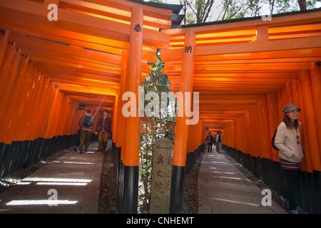 Der Tunnel und der Pfad der roten Torii Tore nach der inneren Schrein in Fushimi Inari-Taisha Schrein in Inari, in der Nähe von Kyoto, Japan. Stockfoto