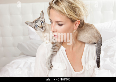 Eine siamesische Katze um seine Besitzer Schultern gewickelt Stockfoto