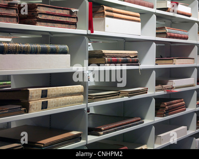 Detail der alten Bücher in den Regalen in einer Bibliothek Stockfoto
