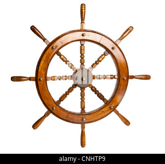 Boot-Ruder-Lenkrad. Lenkrad für das fahren und Navigieren in einem Boot. Im Studio & isoliert auf weißem Hintergrund gedreht. Stockfoto