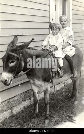 Zwei kleine Schwestern Esel reiten Stockfoto